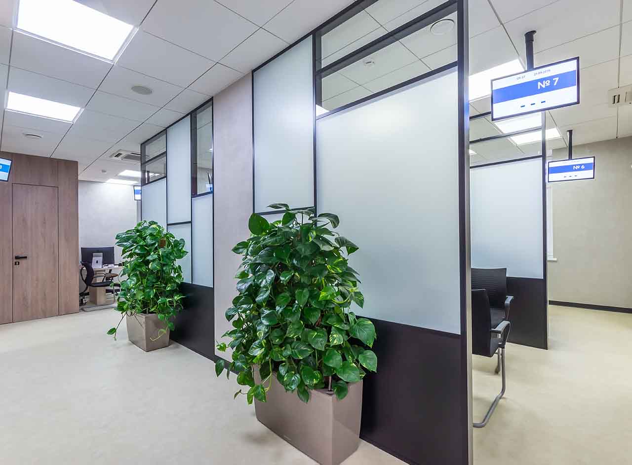 decorative glass finishes in offices partitions