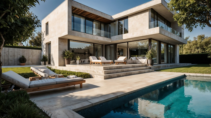 House with many windows overlooking a pool