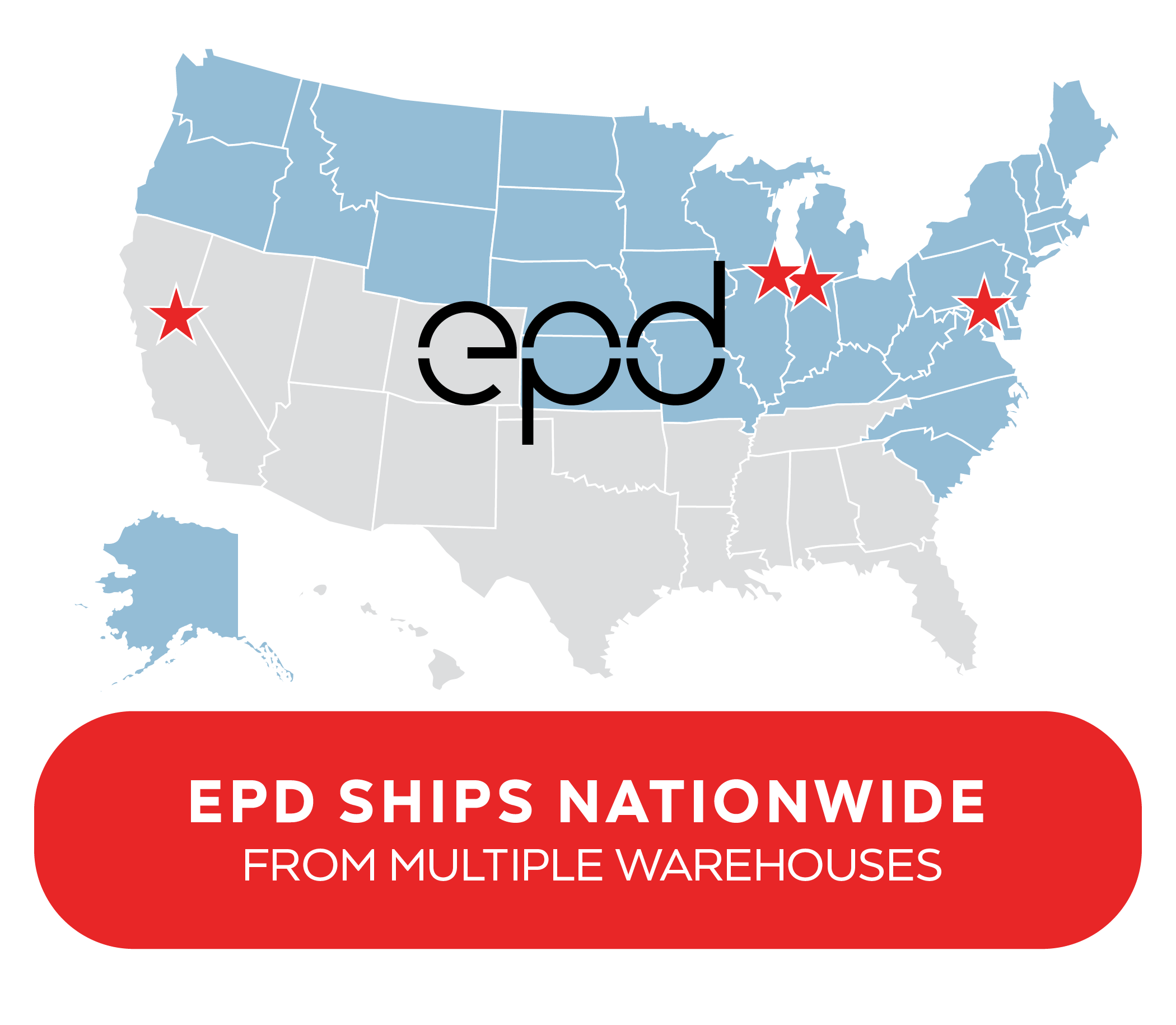 Map of EPD's shipping locations in Maryland, Indiana, Illinois, and California