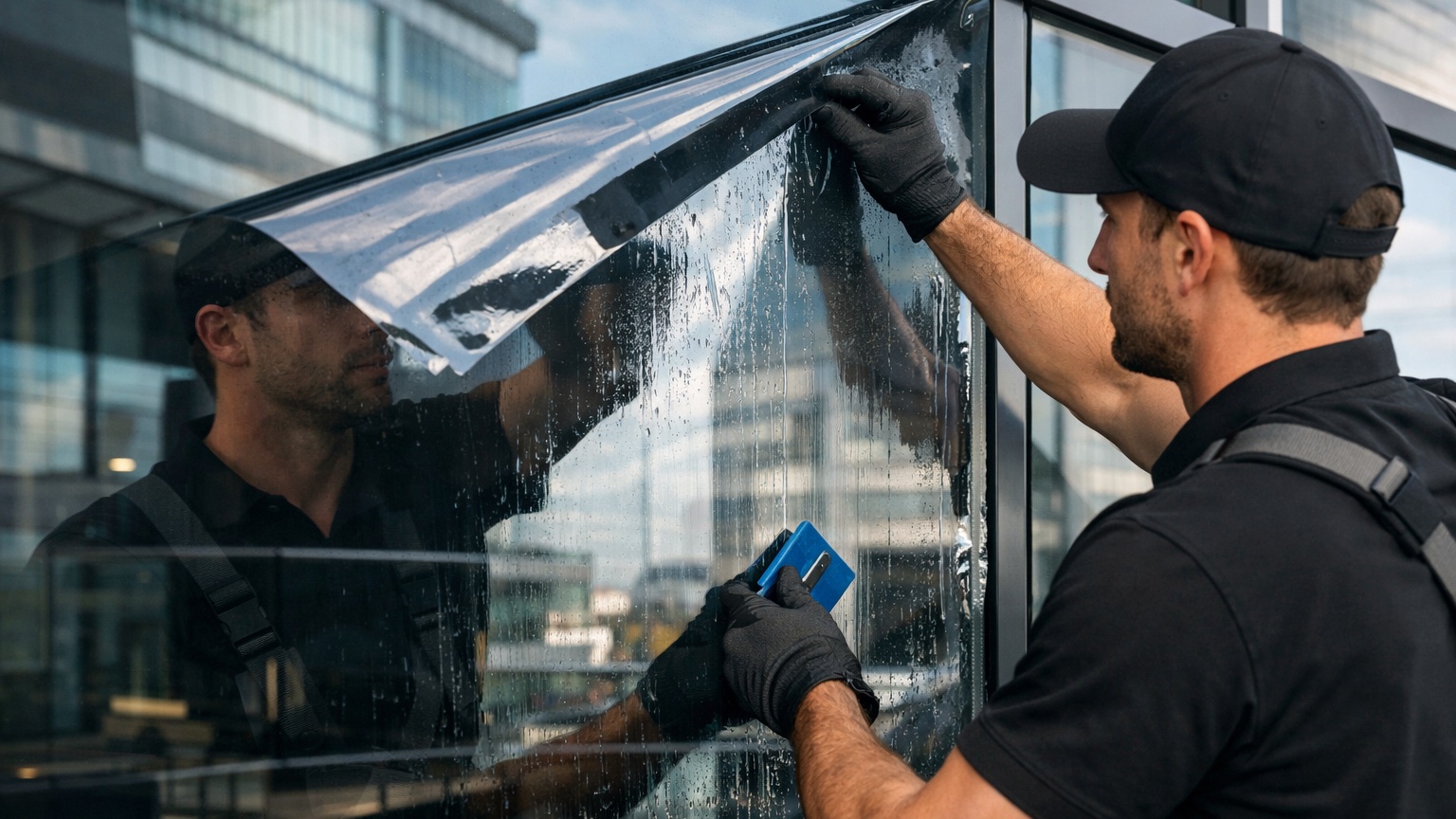 Man installing window film