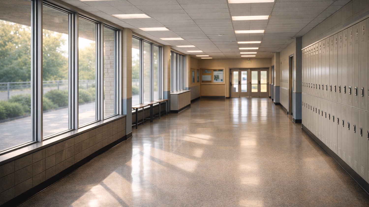 School hallway with windows and doors that would benefit from safety and security window film