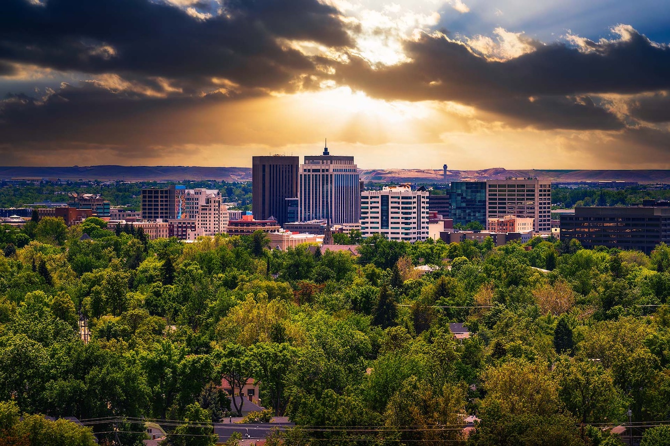 Dramatic sunset over Boise skyline in Idaho, viewed from Camel's Back Park.
