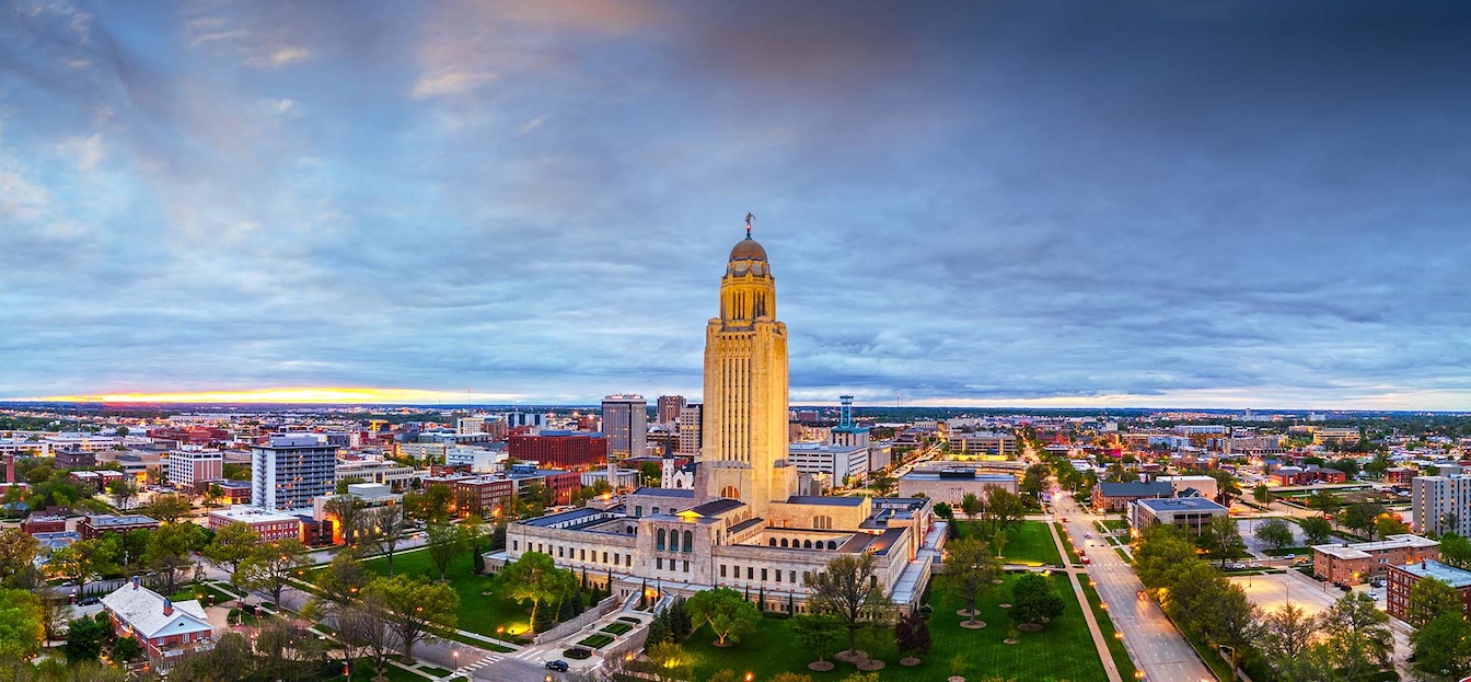 Lincoln, Nebraska, cityscape at the capitol building at twilight.
