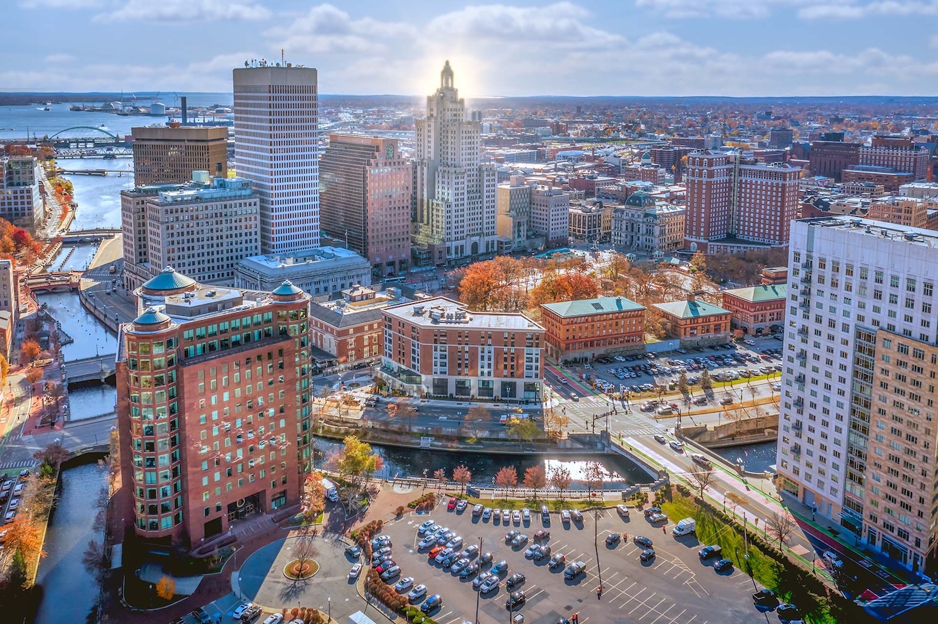 Aerial of Providence, Rhode Island during sunset