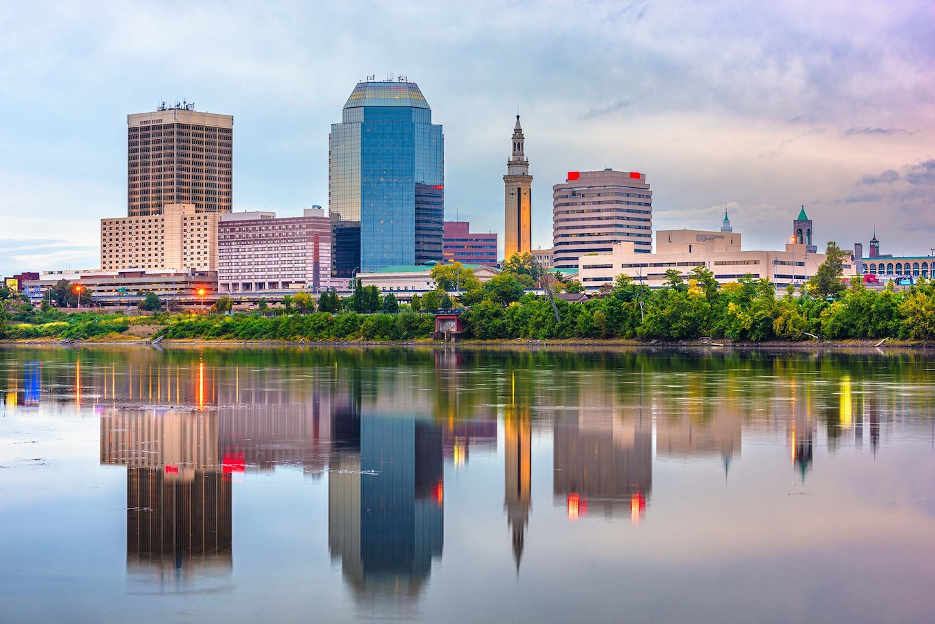 Springfield, Massachusetts downtown skyline at dusk.