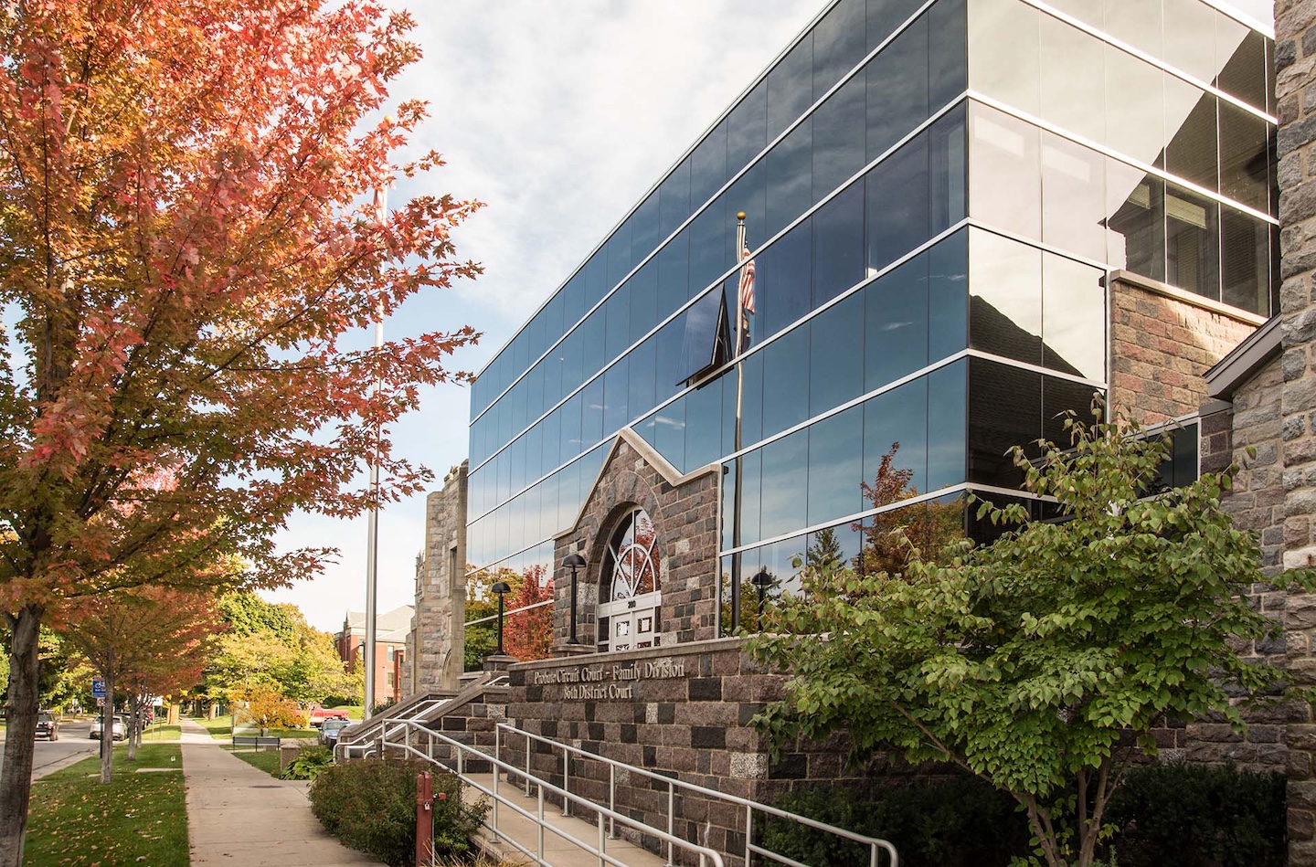 The state courthouse for the 86th District in Traverse City, Michigan with autumn colors