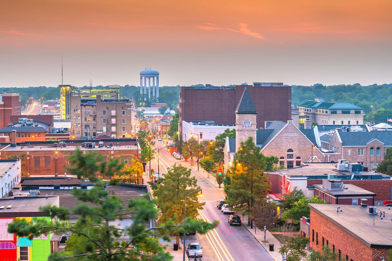 Columbia, Missouri, downtown city skyline at twilight.