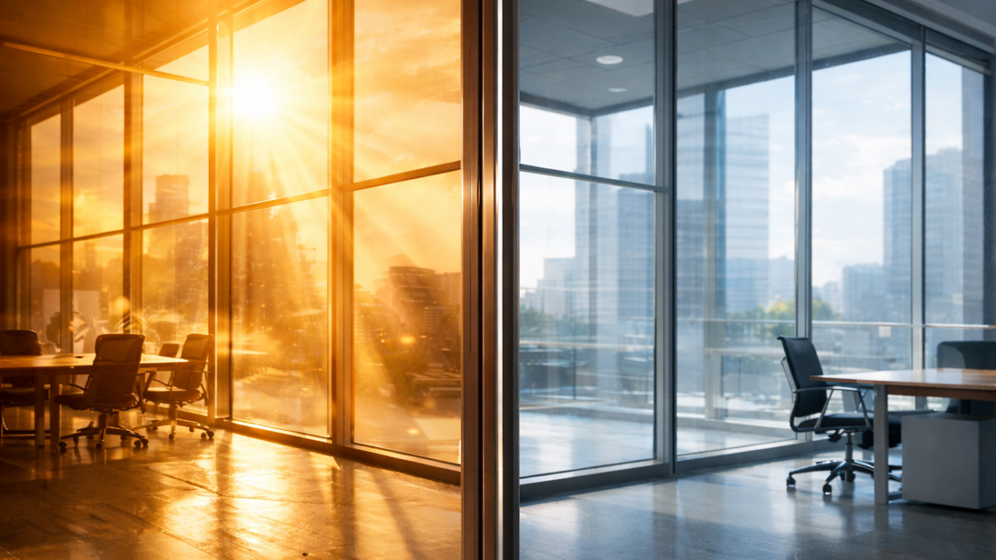 Representation of an office window with and without the sun control benefits of window film