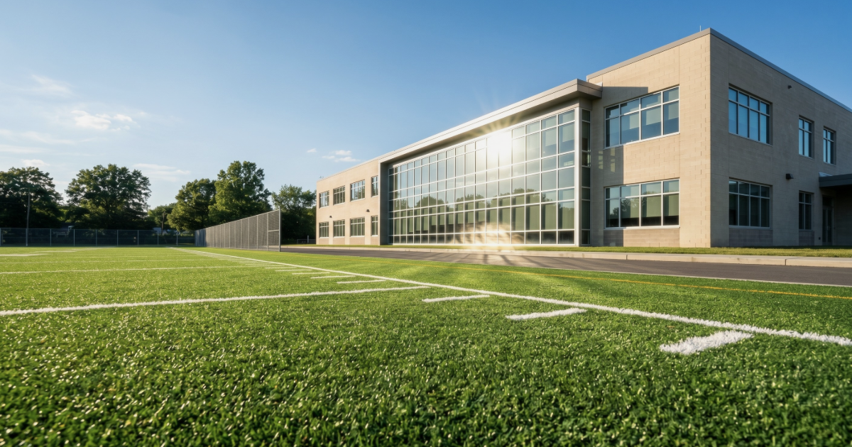 building reflecting sunshine onto artifical turf