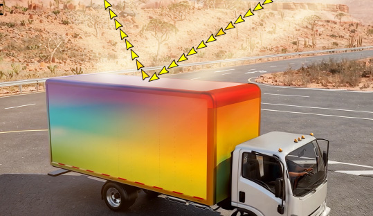 Diagram of how heat is reflected from the roof of a truck when 3M Cooling Films are used